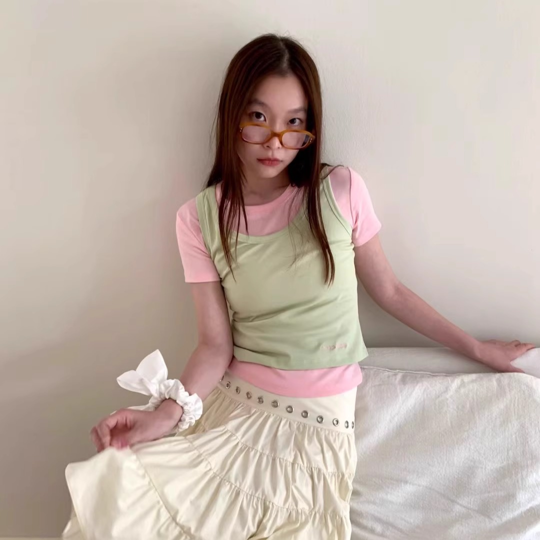 ovins yang  配色超爱了！pink粉~春天的颜色棉质彩色短袖两件套