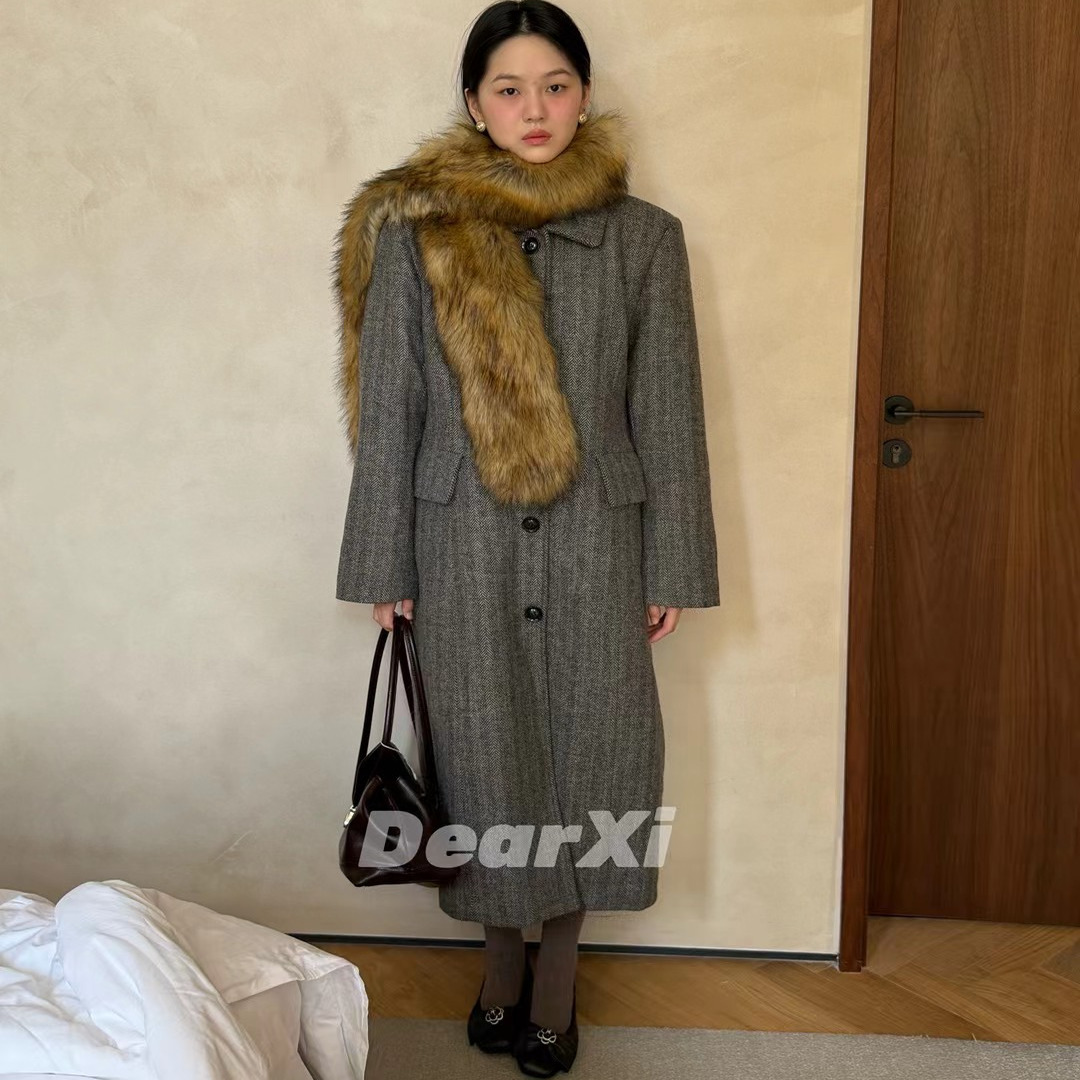 DEAR.XI 气场刚刚好！人字纹百搭加厚长款气质毛呢大衣 9086#