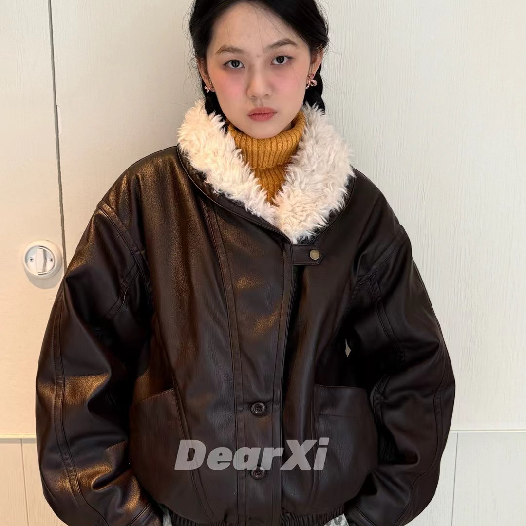 DEAR.XI 加色！2025冬季百搭宽松廓形毛毛加厚皮衣外套 6088#