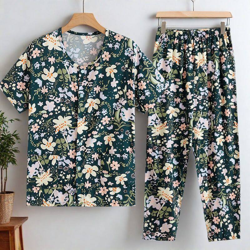 奶奶装夏季套装宽松老人棉绸上衣睡衣/家居服套装