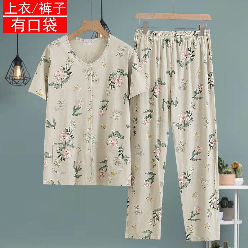 女士纯棉短袖长裤宽松大码对襟系扣家居服中老年睡衣睡裤半袖套装