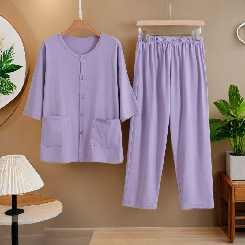 女款纯棉开衫睡衣女夏季七分袖九分裤中老年妈妈夏天薄款家居服