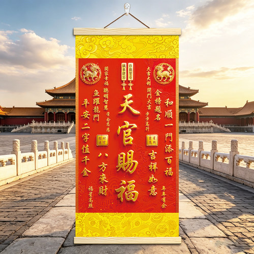 2026麒麟款天官赐福客厅挂画紫气东来八方来财招财进宝挂轴装饰画