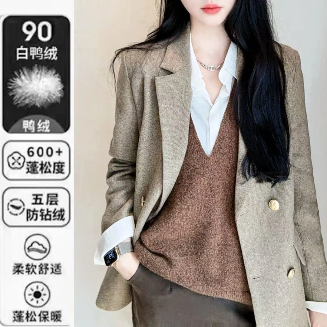 秋冬高级感90白鸭绒羽绒西装外套女羊毛呢子羽绒服宽松毛呢大衣