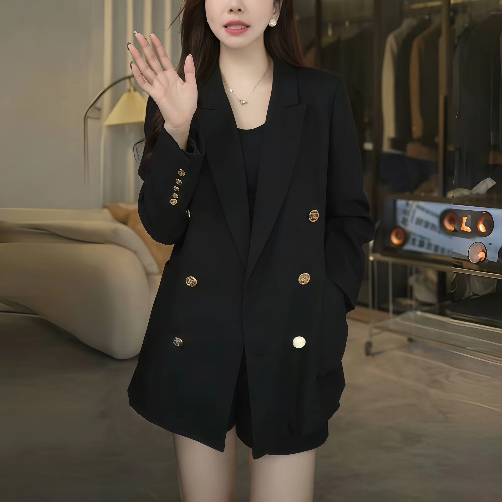 西装外套女春秋韩版系带中长款