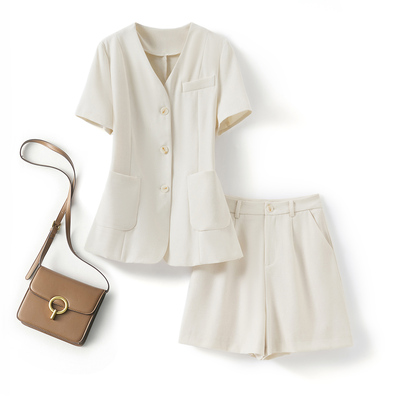 高级气质V领西装套装女夏季遮肉