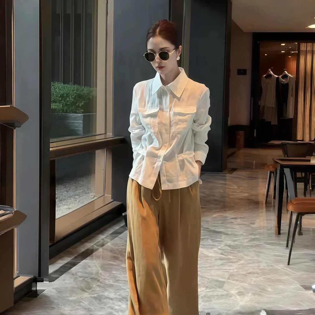 翻领亚麻多口袋衬衫春夏收腰显瘦