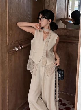 拼接蕾丝马甲女高腰阔腿裤两件套