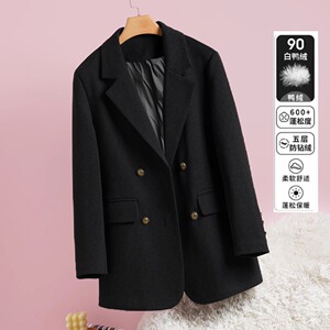 羽绒服毛呢西装外套女2024冬季新款显瘦厚款白鸭绒宽松呢子大衣