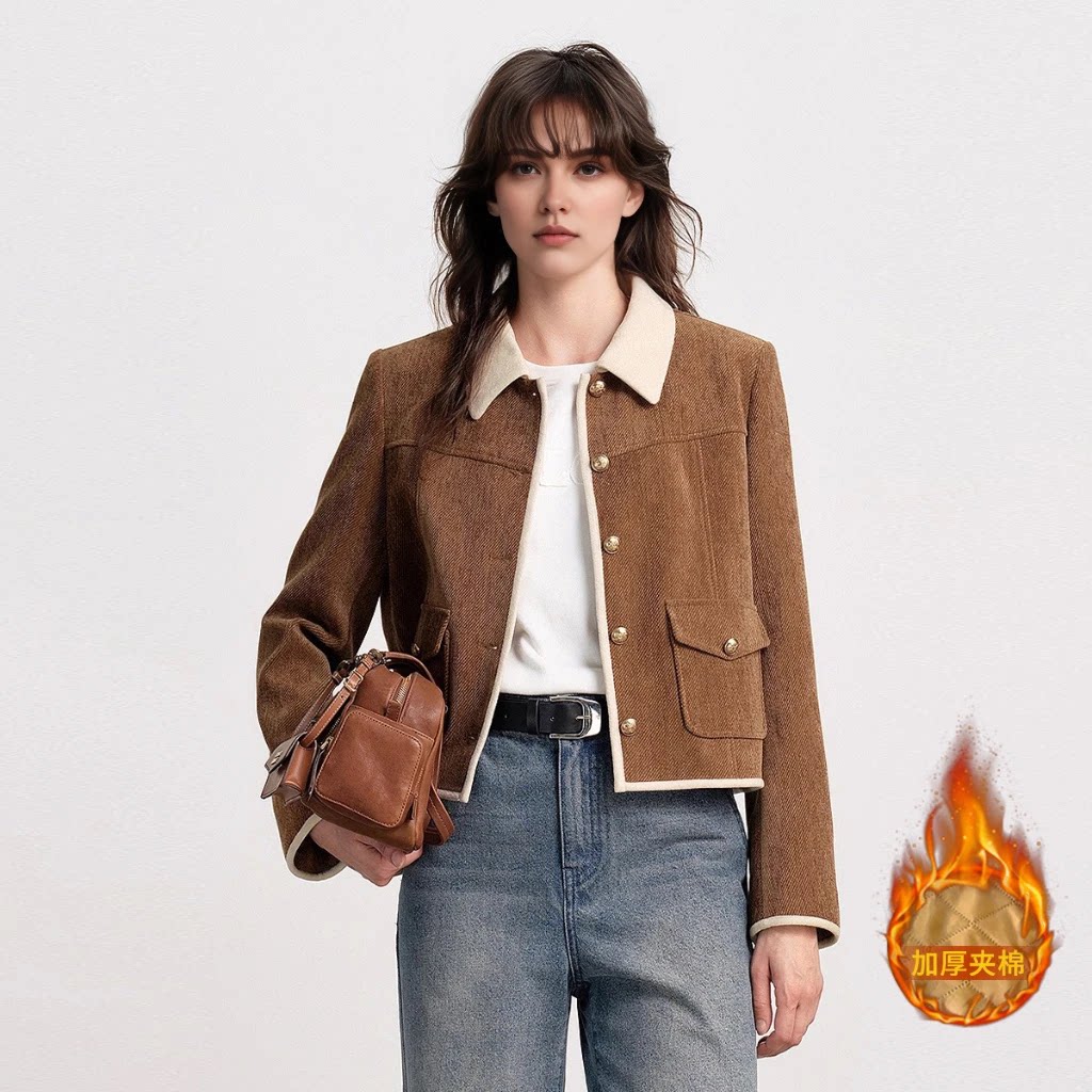 复古斜纹雪尼尔丝绒短款外套女2025秋冬季宽松休闲加棉加厚夹克