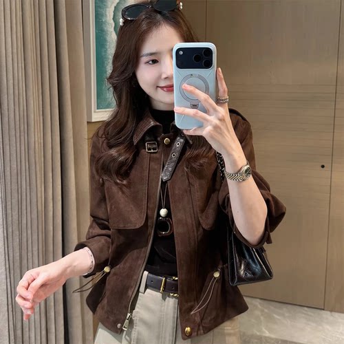 编织翻领收腰显瘦麂皮绒短外套女