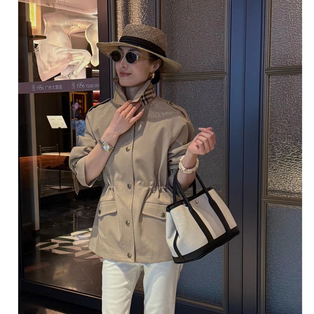 格纹抽绳收腰显瘦风衣外套女