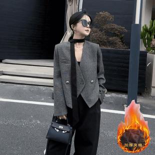 韵律味道秋冬加棉时尚气质V领飘带设计感羊毛短款宽松西装外套女