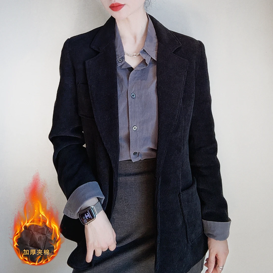 老钱风复古黑色秋冬西装外套女夹棉加厚休闲收腰显瘦垂感小西服