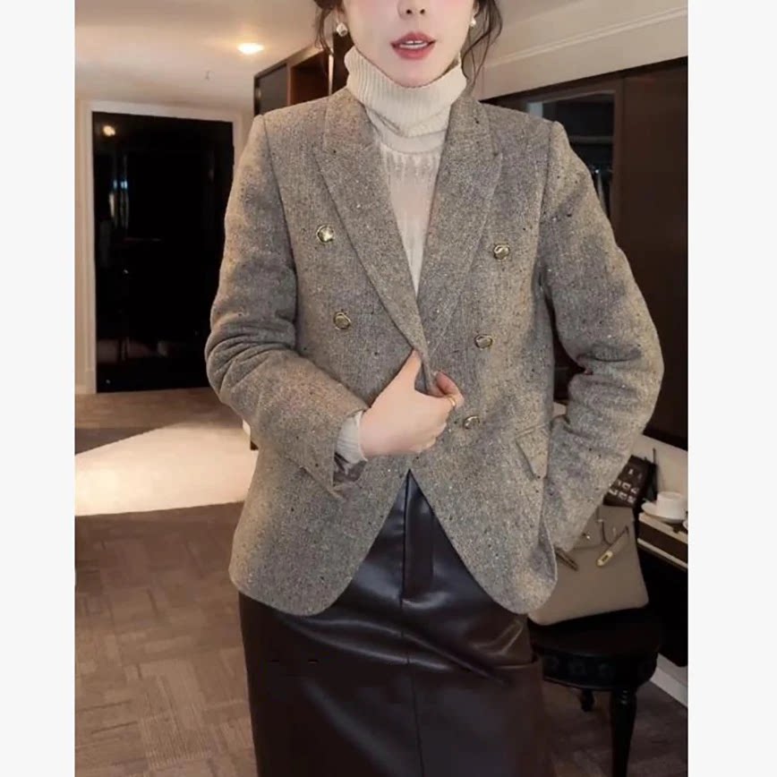 羊毛双排扣戗驳领加棉西装外套女
