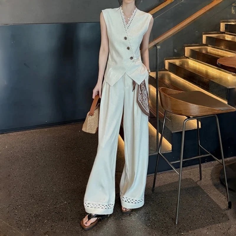 蕾丝包边马甲高腰阔腿裤两件套女