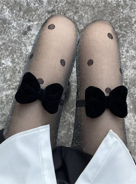 珠光波点黑色丝袜蝴蝶结百搭性感黑丝袜网红纯欲闪亮银丝连裤袜子