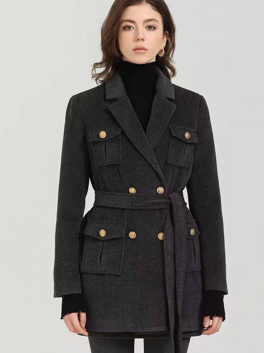 西装领羽绒服女羊毛双排扣棉衣中长款系带收腰显瘦外套