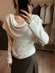 新款 披肩2件套修身 法式 打底针织衫 上衣 荡领长袖 2026春装