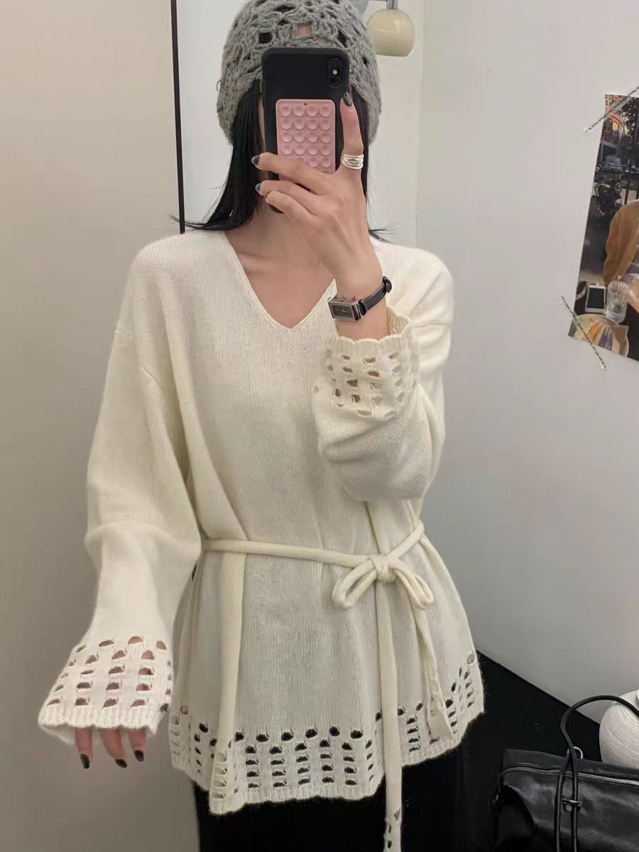 中长款羊毛衫女 V领镂空毛衣宽松慵懒风针织衫上衣腰部系带