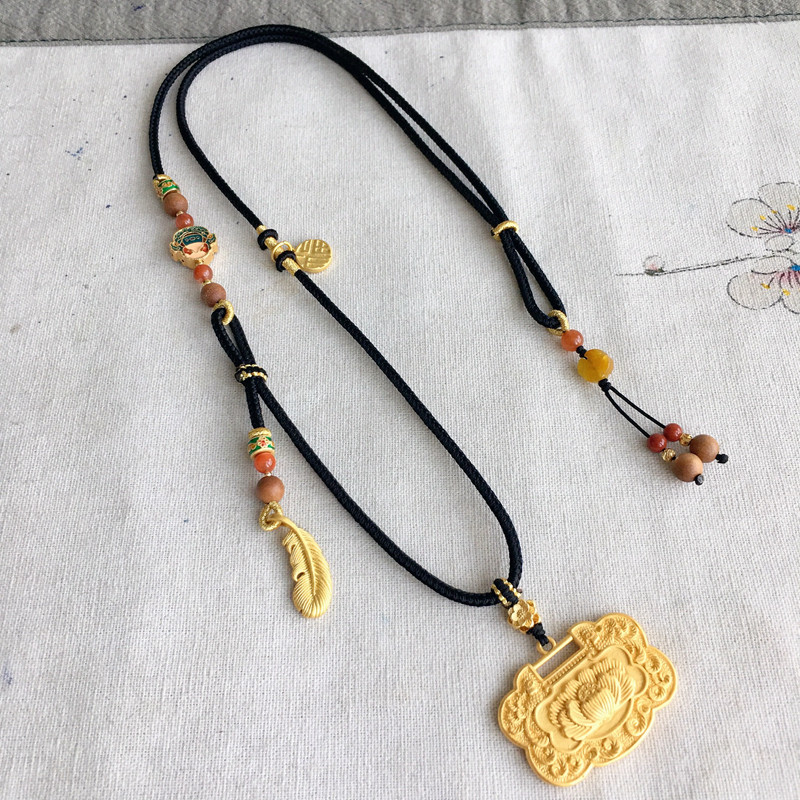 手工编织绳子黄金长命锁项链黑色高端沙金佛牌佛头吊坠绳金锁编绳