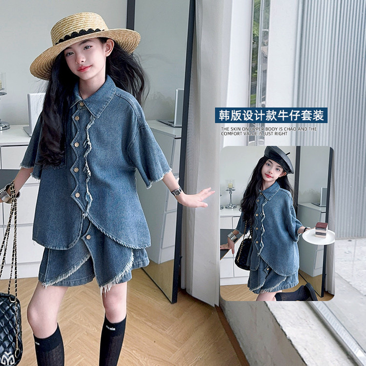 女童薄款牛仔套装大儿童夏季洋气穿搭衣服女孩夏装短裤短裤两件套