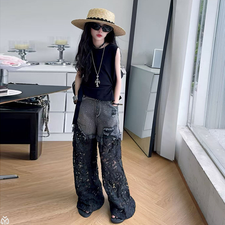 女童重工蕾丝钩花镂空阔腿牛仔裤夏季薄款宽松直筒拖地裤套装