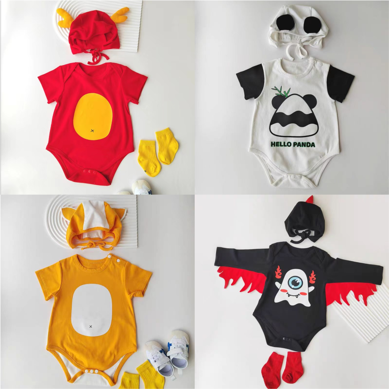 ins宝宝爬爬服可爱造型服 婴儿卡通三角哈衣连体衣套装百天周岁款