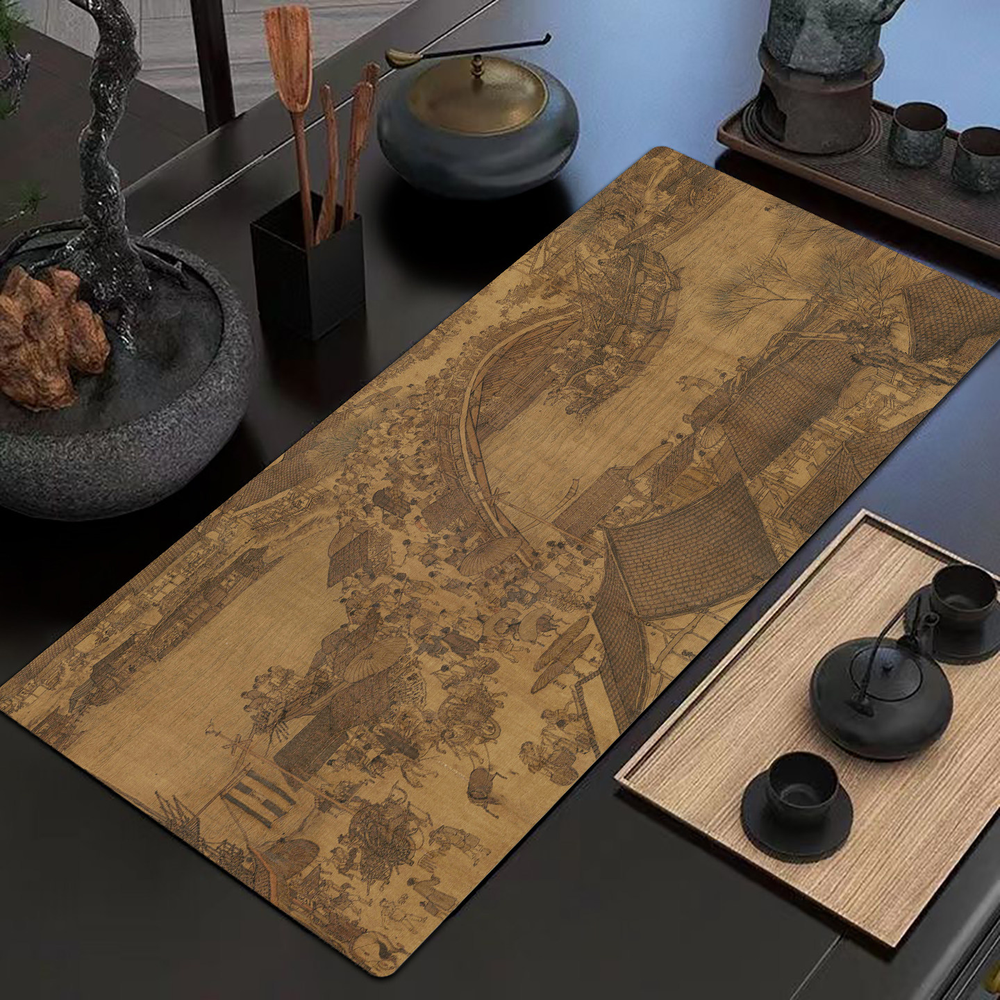 新中式清明上河图鼠标垫超大国潮国风家用办公桌垫电脑键盘垫锁边