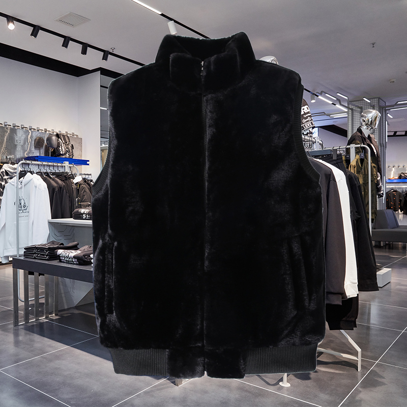 秋冬时尚立领毛绒绒马甲外套男修身无袖棉衣潮流青少年保暖背心