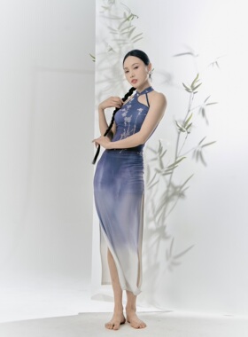 SOSO佳新中式旗袍风吊带双开叉舞蹈弹力连衣裙古典舞国风爵士舞服