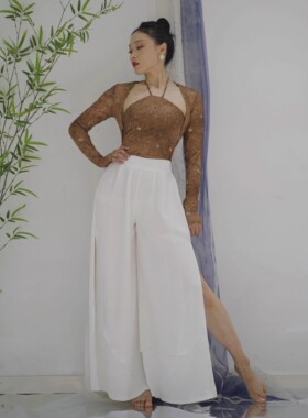 SOSO佳原创网纱花朵舞蹈披肩吊带古风古韵弹力优雅复古舞蹈服套装