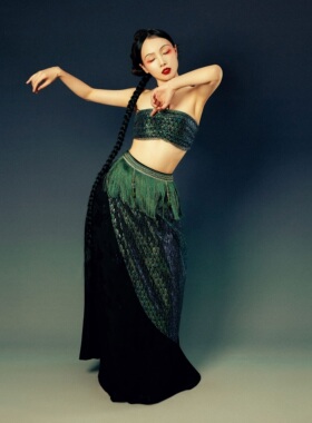 SOSO佳异域国风孔雀气质弹力抹胸背心吊带流苏腰纱裙舞蹈服演出服