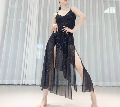SOSO古典舞纱裙纯色高腰套头原创舞者连体练功裙闪光飘逸吊带长裙