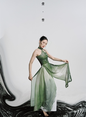 SOSO佳青竹系新中式古典古风国风舞蹈旗袍弹力长裙吊带开衩连衣裙