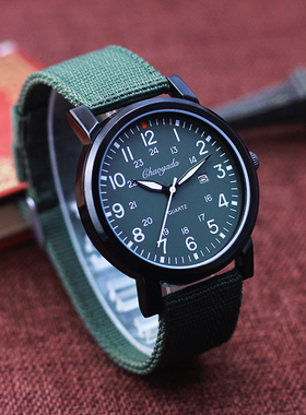 简约户外运动男士帆布带日历腕表军绿色手表学生石英防水电子腕表