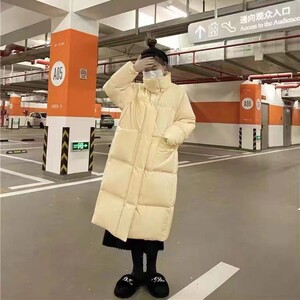 90绒奶黄女中长款2023冬季新款韩版chic面包服加厚羽绒服外套女装