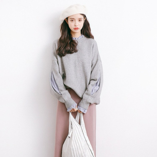 宽松长袖假两件上衣女毛衣女秋冬高级感大码女装新款过年衣服2026