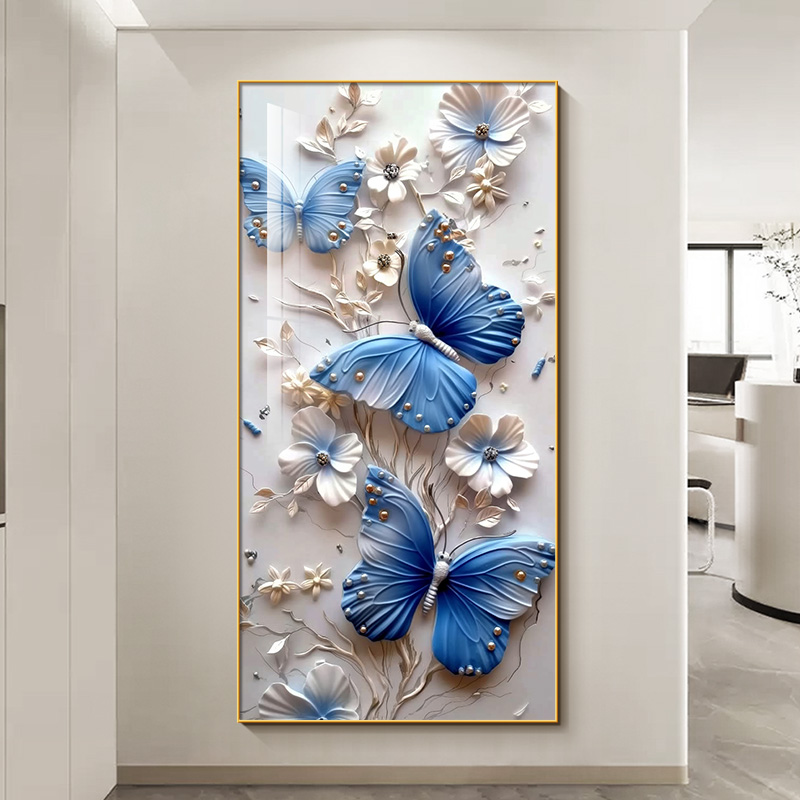 蝴蝶轻奢大气玄关装饰画入户正对门立体感花卉走廊过道挂画晶瓷画图片