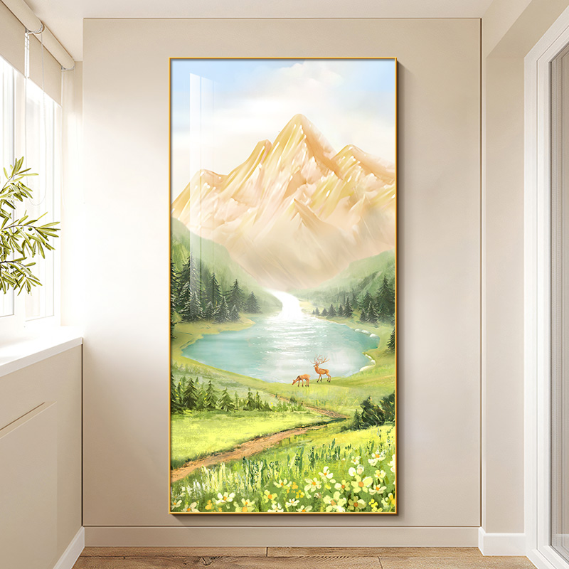 聚宝盆山水画入户门玄关装饰画北欧日照金山走廊过道挂画竖版壁画图片
