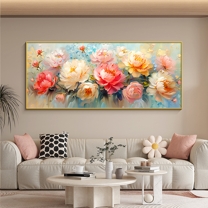 花团锦簇牡丹墙画客厅挂画花开富贵轻奢沙发背景墙装饰画横版壁画图片