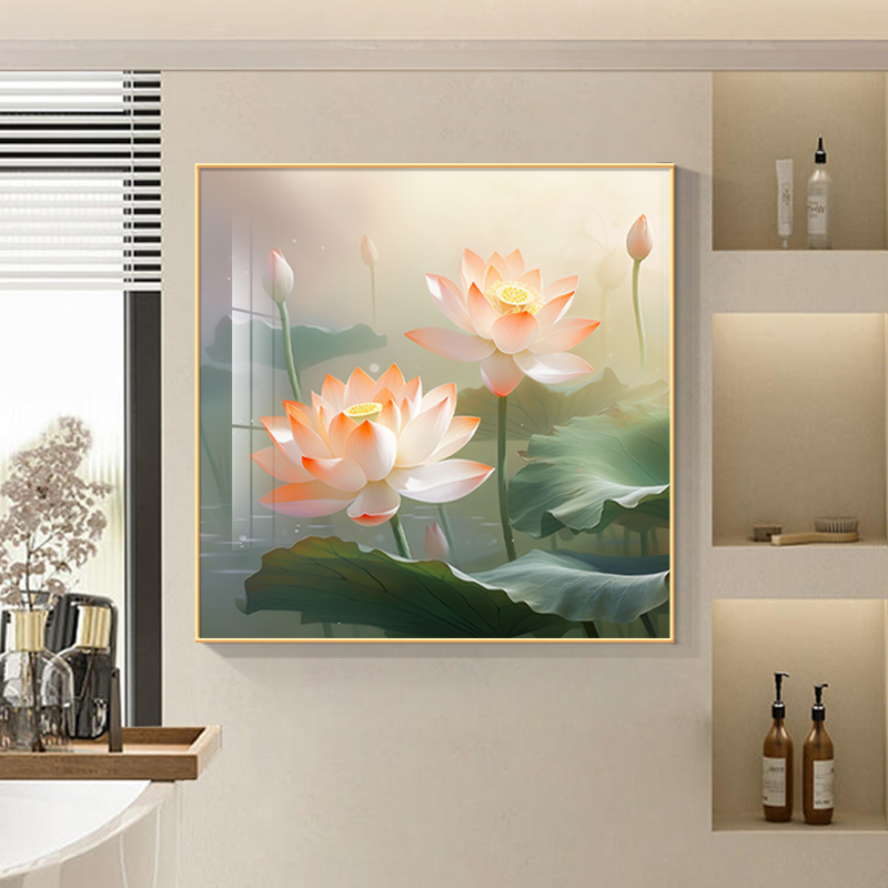 卫生间挂画客厅防水新中式荷花厕所墙壁画浴室免打孔洗手间装饰画图片