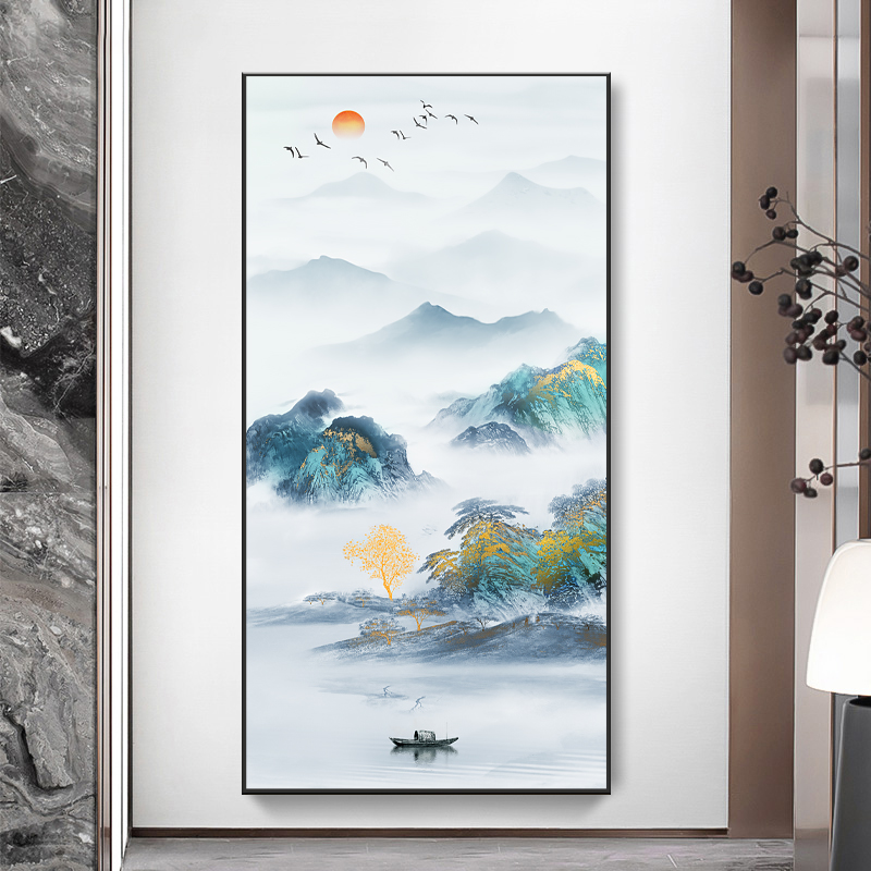 新中式入户玄关装饰画走廊过道客厅正对门山水画现代简约晶瓷挂画图片