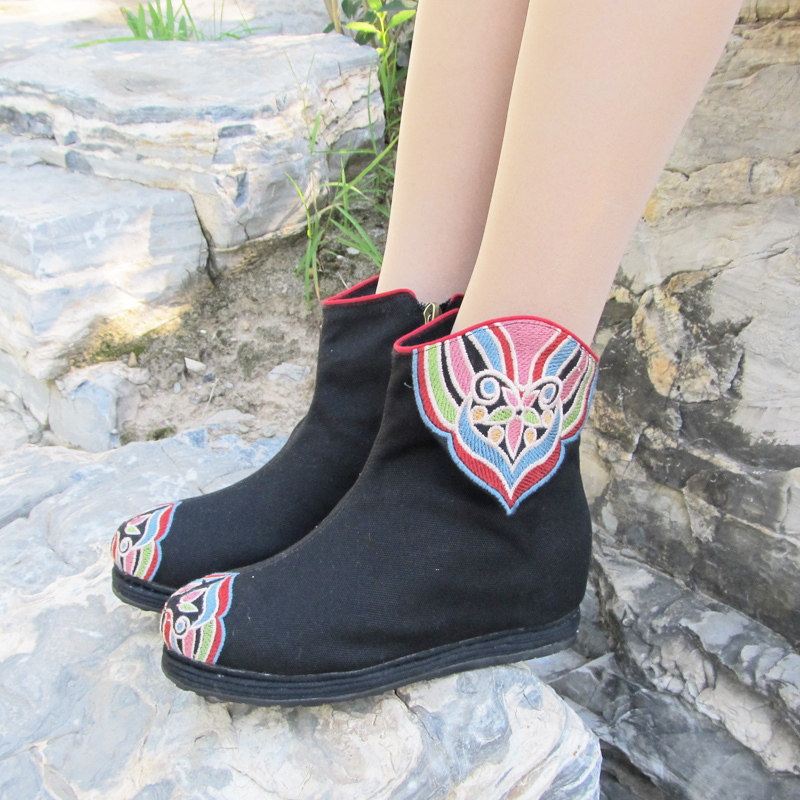 九天莲池原创民族风绣花女短靴千层底内增高平底布鞋休闲复古单靴,女鞋,时装靴,淘宝优惠券,粉丝福利购,淘宝优惠卷