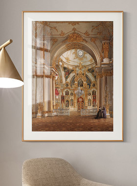 欧式古典玄关走廊墙面装饰画法式复古餐厅壁画餐边柜冬宫建筑挂画