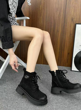 巴迪雅女鞋2023秋冬欧洲站真皮粗跟英伦风侧拉链马丁靴短靴39686