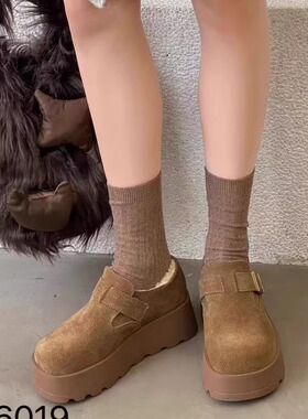 巴迪雅女鞋2024冬新款欧洲站磨砂皮休闲鞋加绒松糕底勃肯鞋96019