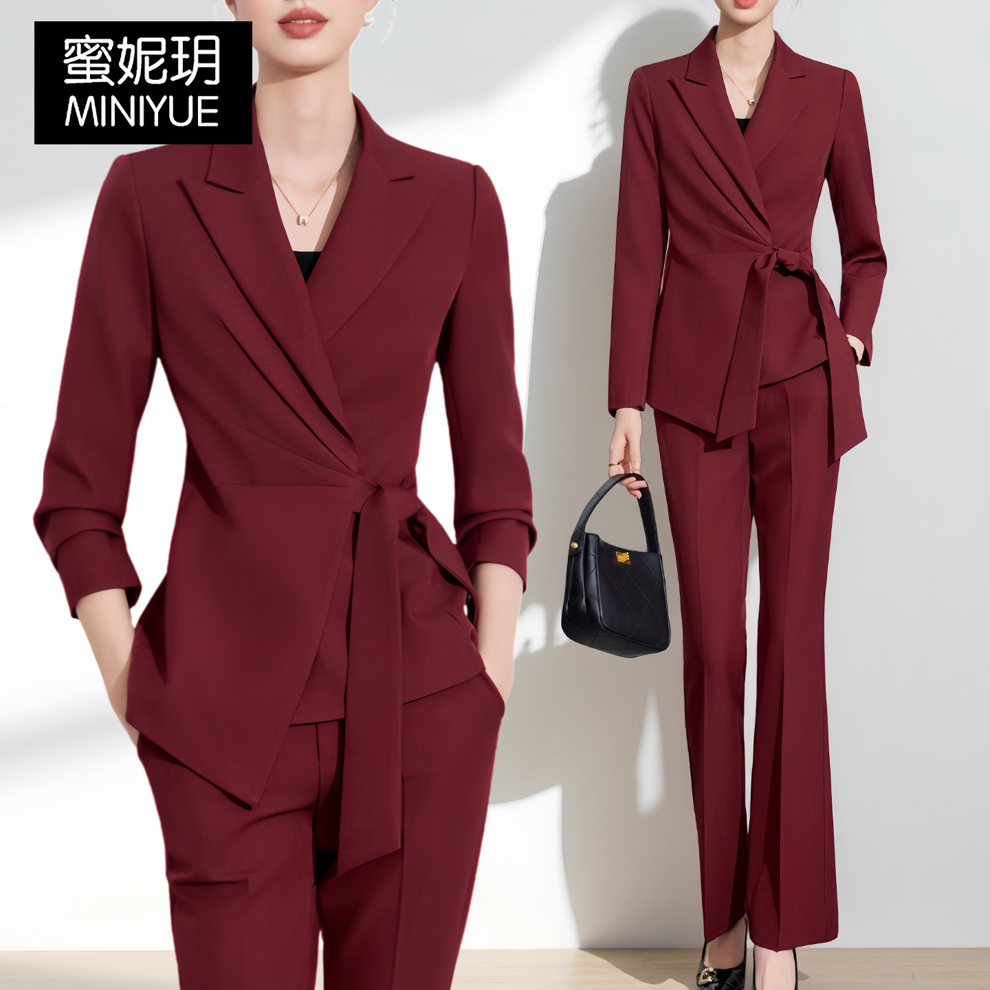 巨好看的早秋一整套西装外套女高级感正装绑带西服微喇裤子两件套