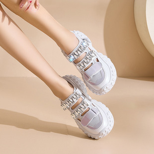 镂空老爹鞋女夏款2025年新款松糕凉鞋魔术贴水钻厚底女鞋