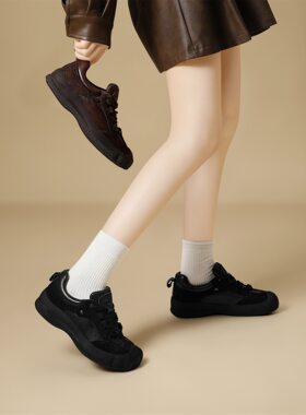 春秋头层牛皮棕色休闲鞋女真皮厚底复古板鞋丑萌大头系带单鞋